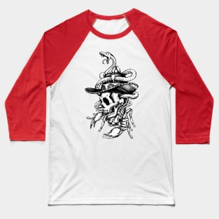 Artistic Skull Drawing w/Hat and Snake Motif Baseball T-Shirt